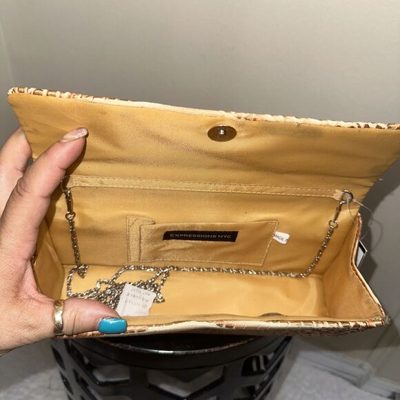 NWT Expressions NYC Faux Crocodile Print Shoulder Clutch Beige Tan Metallic Gold - Picture 5 of 6